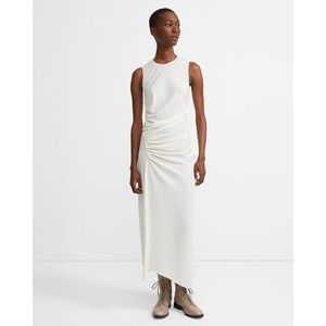 Theory Women's Crew Neck Sleeveless Twisted Shift Dress Tan Stretch Silk Size 2